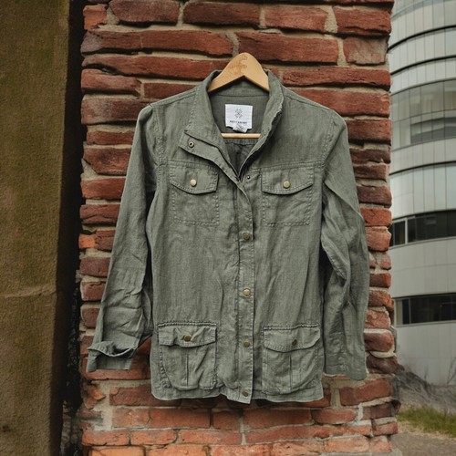 Olive Green Linen Utility Jacket Zip Pocket Military Artisan