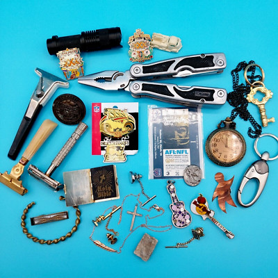 Dad's Junk Drawer Lot Vintage Razors Multi Tool Sport Pins Jewelry Key Chains