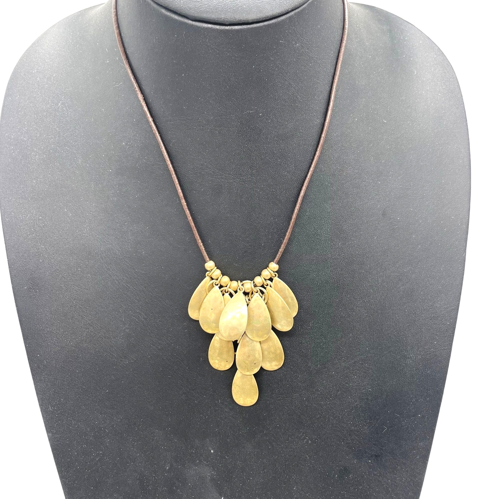 Chaps Ralph Lauren Hammered Charms Cord Necklace Gold Tone