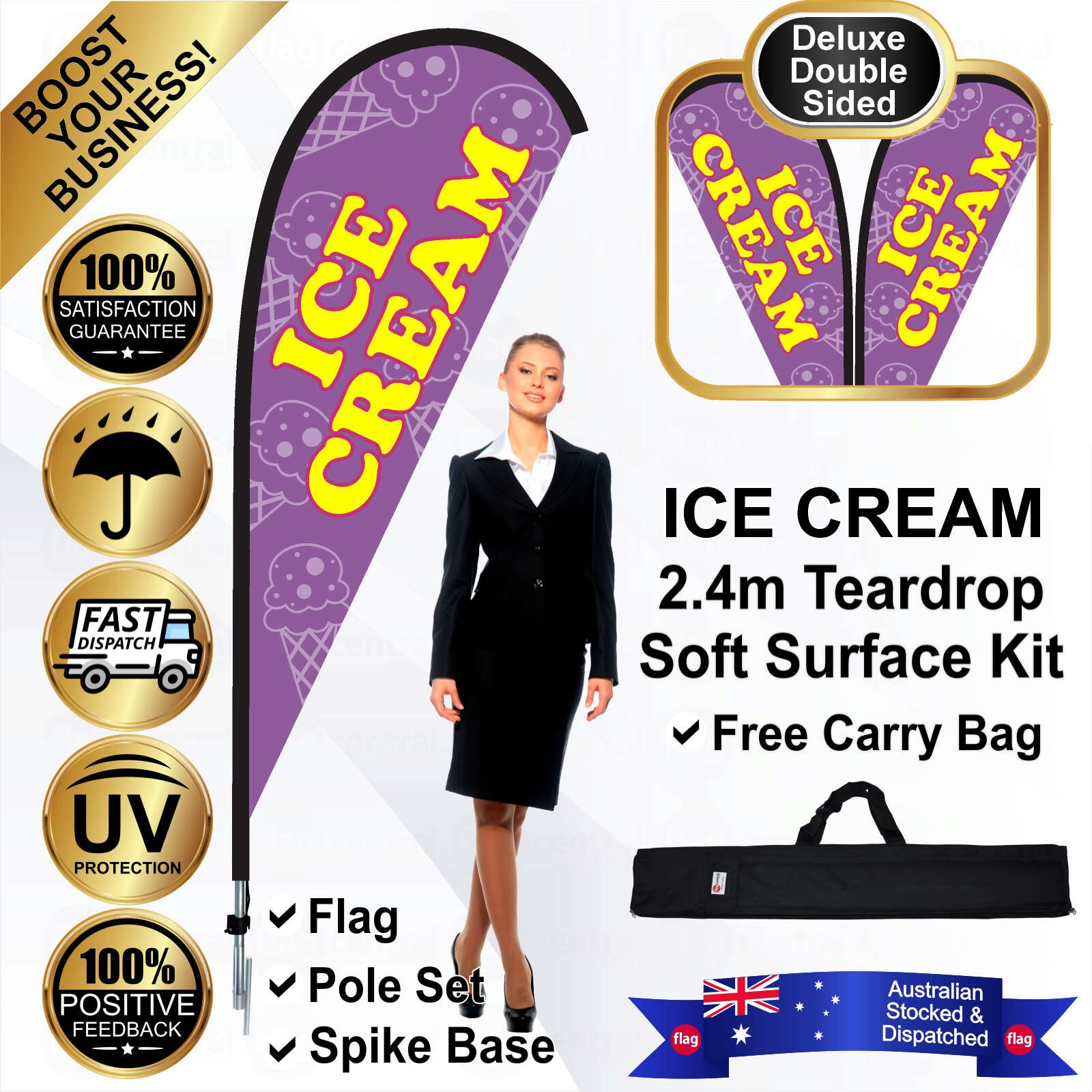 ICE CREAM Deluxe Double-Sided Purple 2.4m Teardrop Flag / Banner Kit with Pole Set, Galvanised Steel Ground Spike and a Free Carry Bag