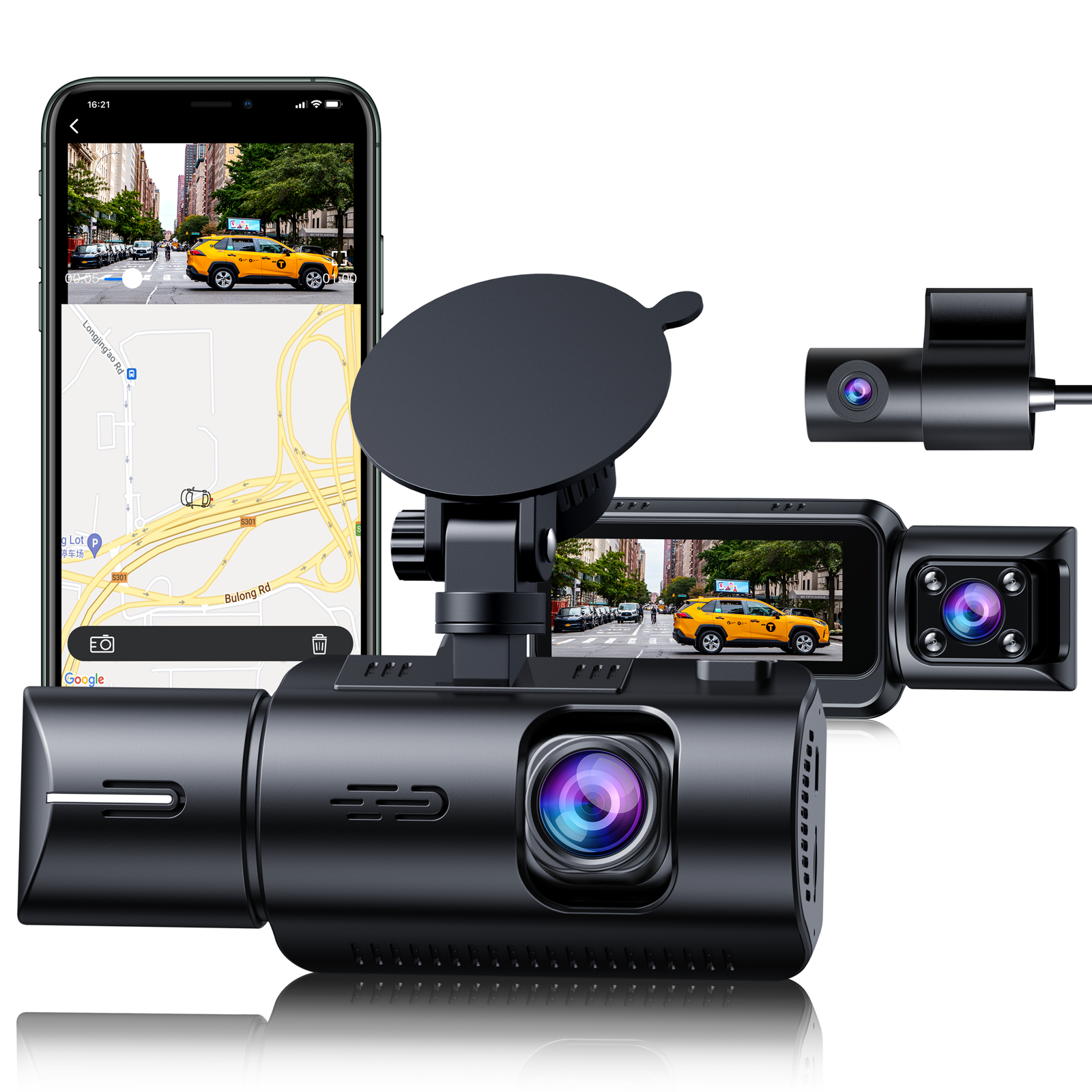 TOGUARD 3 Channel WiFi GPS Dual Dash Cam 4K Front 1080P Cabin Triple Car Camera