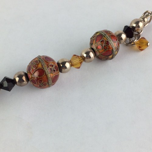 Vtg Emily Ray Bracelet Stamped Sterling Silver Orange Red Beads Crystals Ornate