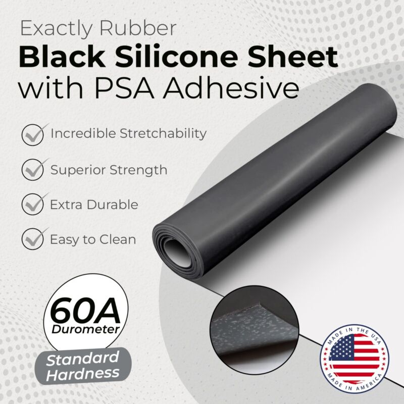 Black Silicone Rubber Sheet 60A 1/32 x 9 x 12" Gasket Material with Adhesive PSA