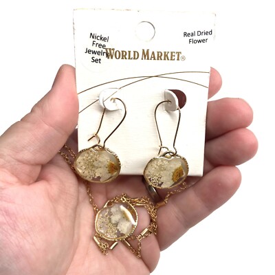 NEW NWT World Market Gold Tone Pressed Flowers Earrings & Necklace 17'' 2'' ext