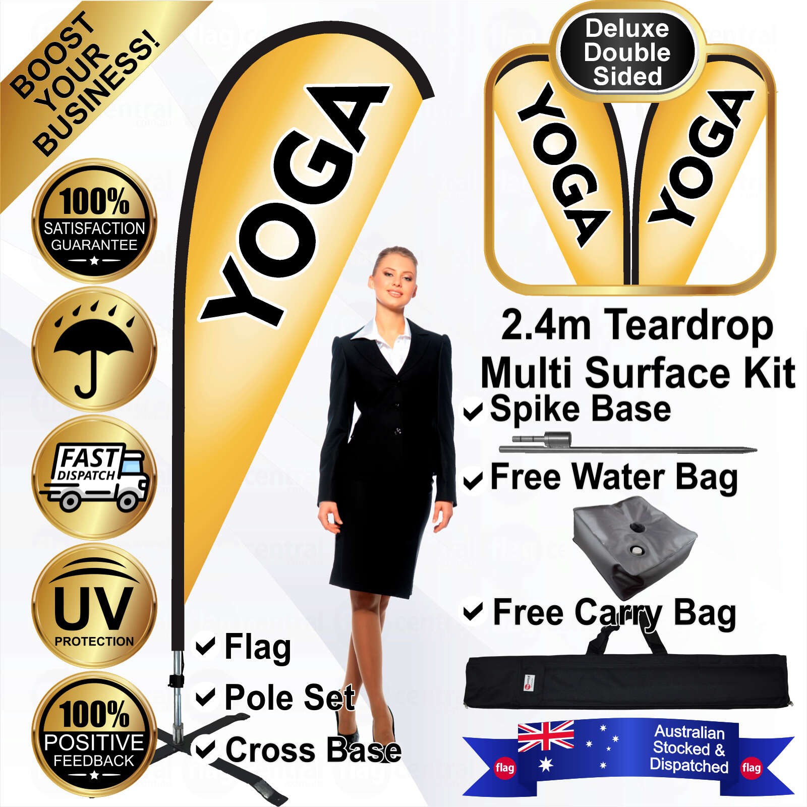 YOGA Deluxe Double-Sided Yellow 2.4m Teardrop Flag / Banner Kit with Pole Set, Galvanised Steel Ground Spike, Steel Outdoor Cross Base, Free 15kg Water Bag and a Free Carry Bag