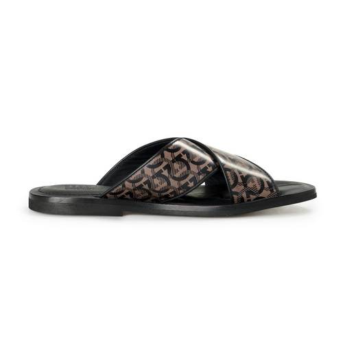 Pre-owned Ferragamo Salvatore  Men's "sion 3" Logo Print Leather Sandals Flip Flops Shoes In Black/gray