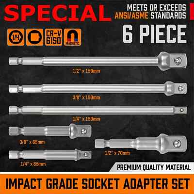 6 pc 6'' & 3'' Impact Grade Socket Adapter Set 1/4'' 3/8'' 1/2'' Drive 1/4'' Hex Shank