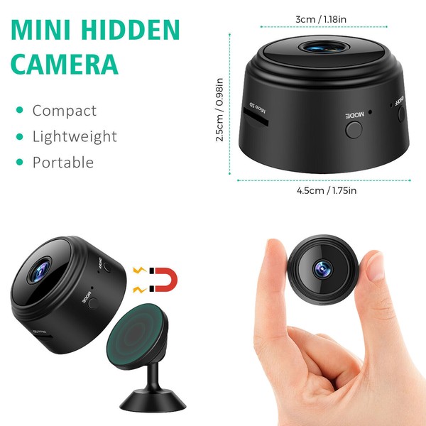 Compact mini hidden camera with dimensions and portable design.
