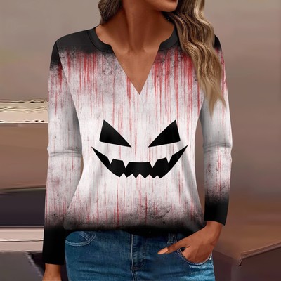 Women's T Shirt Tee Print Button Long Sleeve Daily Weekend Fashion Basic V Neck