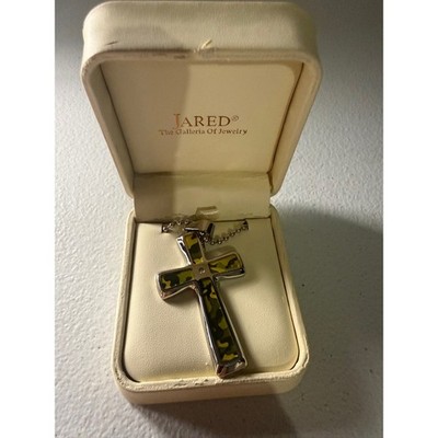 Jared Stainless Steel Camo Cross Pendant Necklace Diamond Accent Ball Chain Box