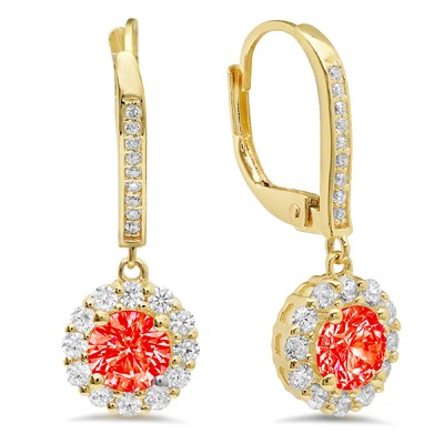 Pre-owned Pucci 2.2 Ct Round Cut Halo Red Simulated Diamond Drop Dangle Earrings 14k Yellow Gold