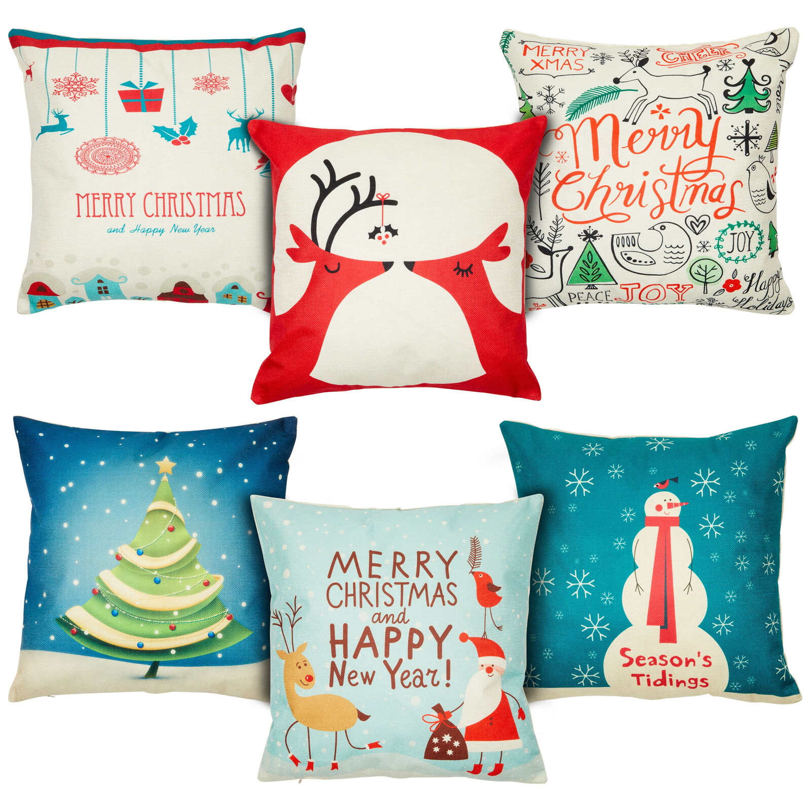 Set of 6 Christmas Throw Pillow Covers 18x18”, Happy New Year Holiday Home Décor