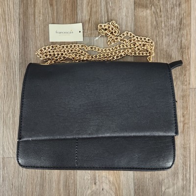 Francesca's Womens Faux Black Leather Fold Over Gold Chain Strap Crossbody Purse