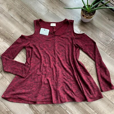 143 Story Line Up Cold Shoulder maroon mauve cutout tunic top long sleeve tweed