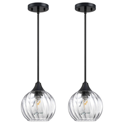 2-Pack Hanging Globe 6.3'' Black w. Clear Wavy Glass Light Modern Pendant Adjusts