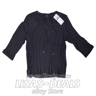 New Rafaella 3/4 Sleeve Embroidered Knit Top Egret Black Blue Pink XL 2XL