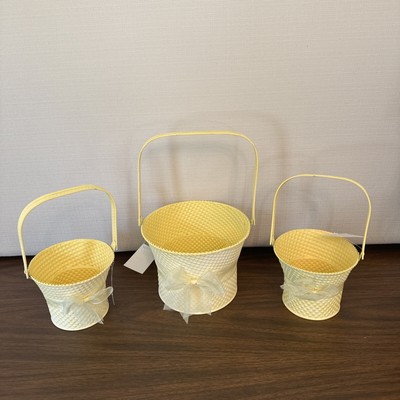 Metal Woven Look spring Easter Baskets (3) with Movable Handle Yellow