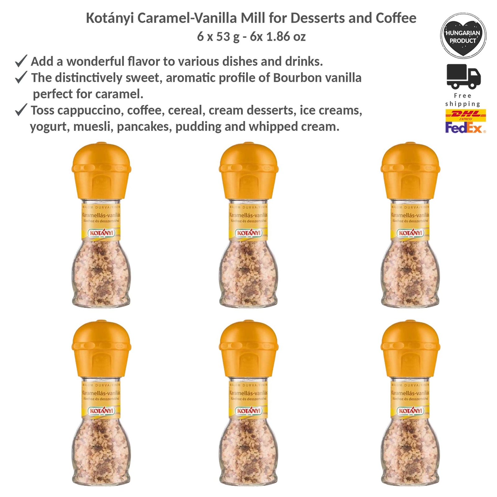 Kotanyi Caramel-Vanilla Mill for Desserts or Coffee Easy Use Grinding Head 53gx6