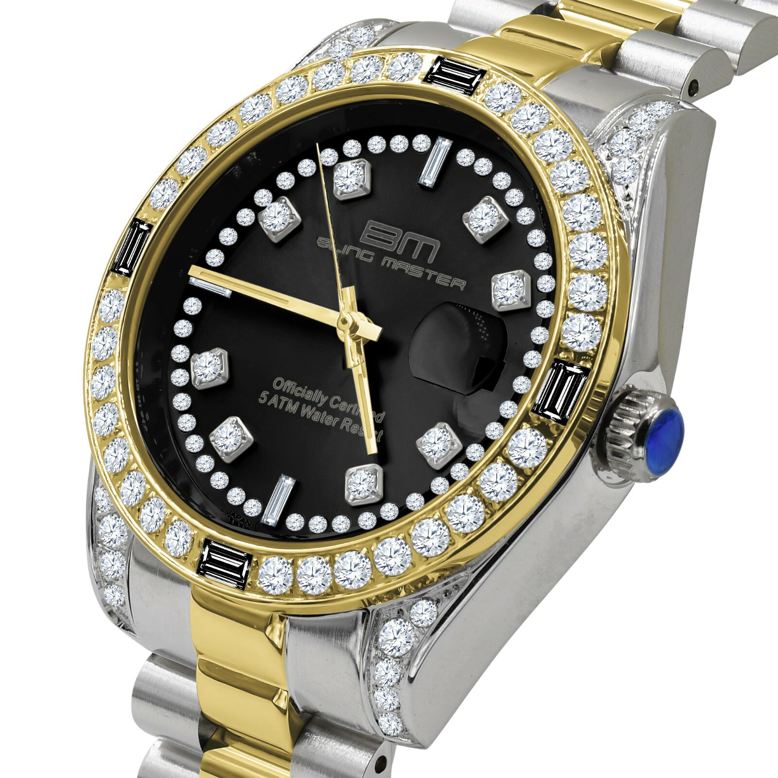 Pre-owned Bling Master - Majesty 2 Tone Gold Black Dial Stainless Steel Simulated Diamond 40mm Watch W/date