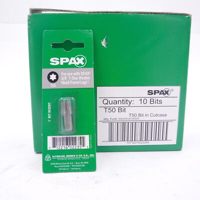10 Pack Spax 1/4'' Steel Insert Driver Bit T-50 for Use with 3/8'' T-Star Washer
