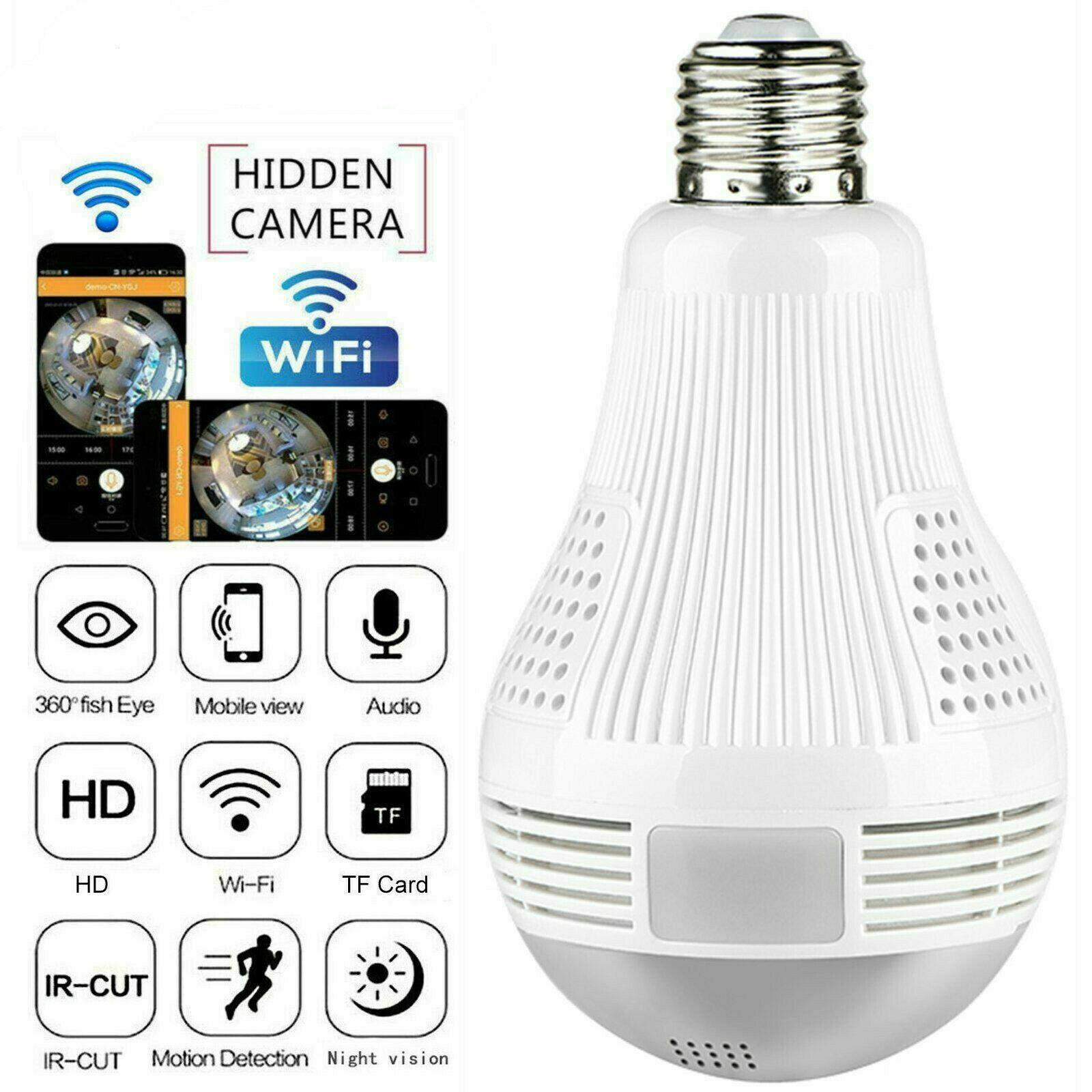 360 Hd Wifi Bulb Ip Hidden Camera Panoramic Home Security Spy Cam Light Led Bulb Ebay