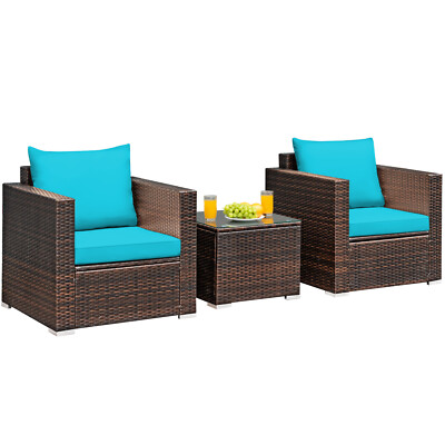Patiojoy 3PCS Patio Rattan Furniture Set Conversation Sofa Cushioned Turquoise