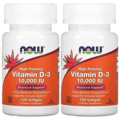 Now Foods Высокоэффективный витамин D-3, 10 000 МЕ, 120 мягких таблеток, 2 упаковки