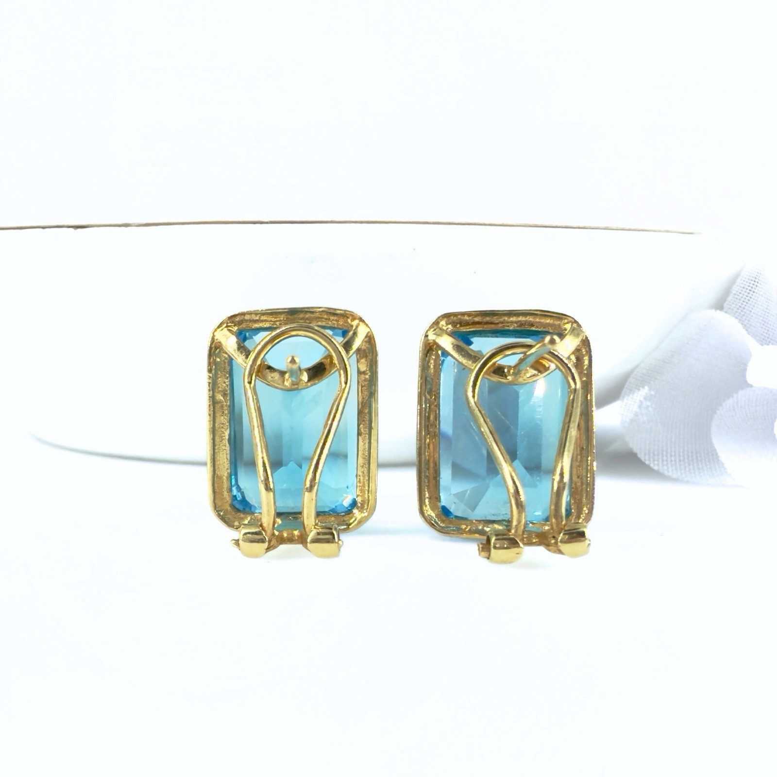 14k Yellow Gold Swiss Blue Topaz Omega Back Earrings, Preowned - Picture 10 of 12