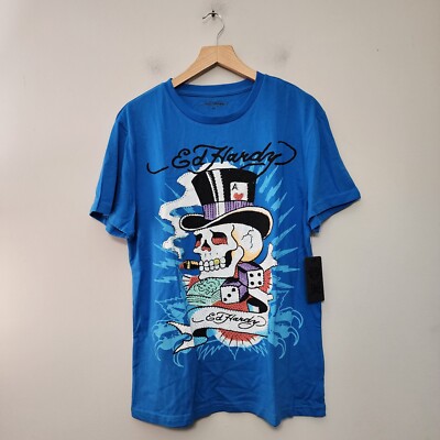 Ed Hardy Shirt Mens Medium Blue Skull Bones Rhinestone Capri New Y2k Style Dice