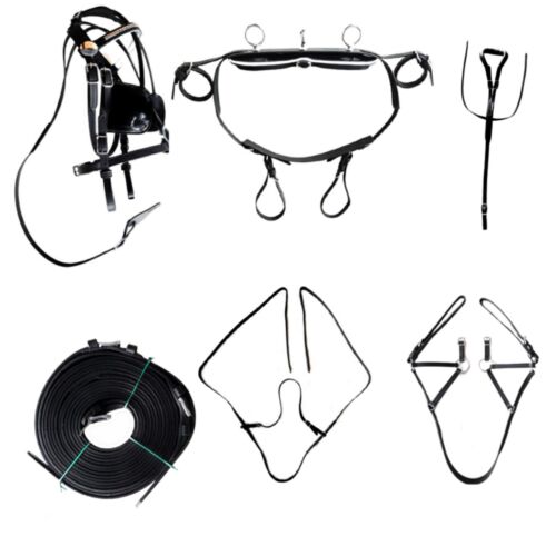 Miniature Horse Leather Square Stud Browband Driving Harness Set Black