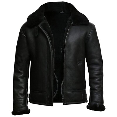 b3 bomber real fur shearling mens aviator pilot black sheepskin leather jacket 195235898222
