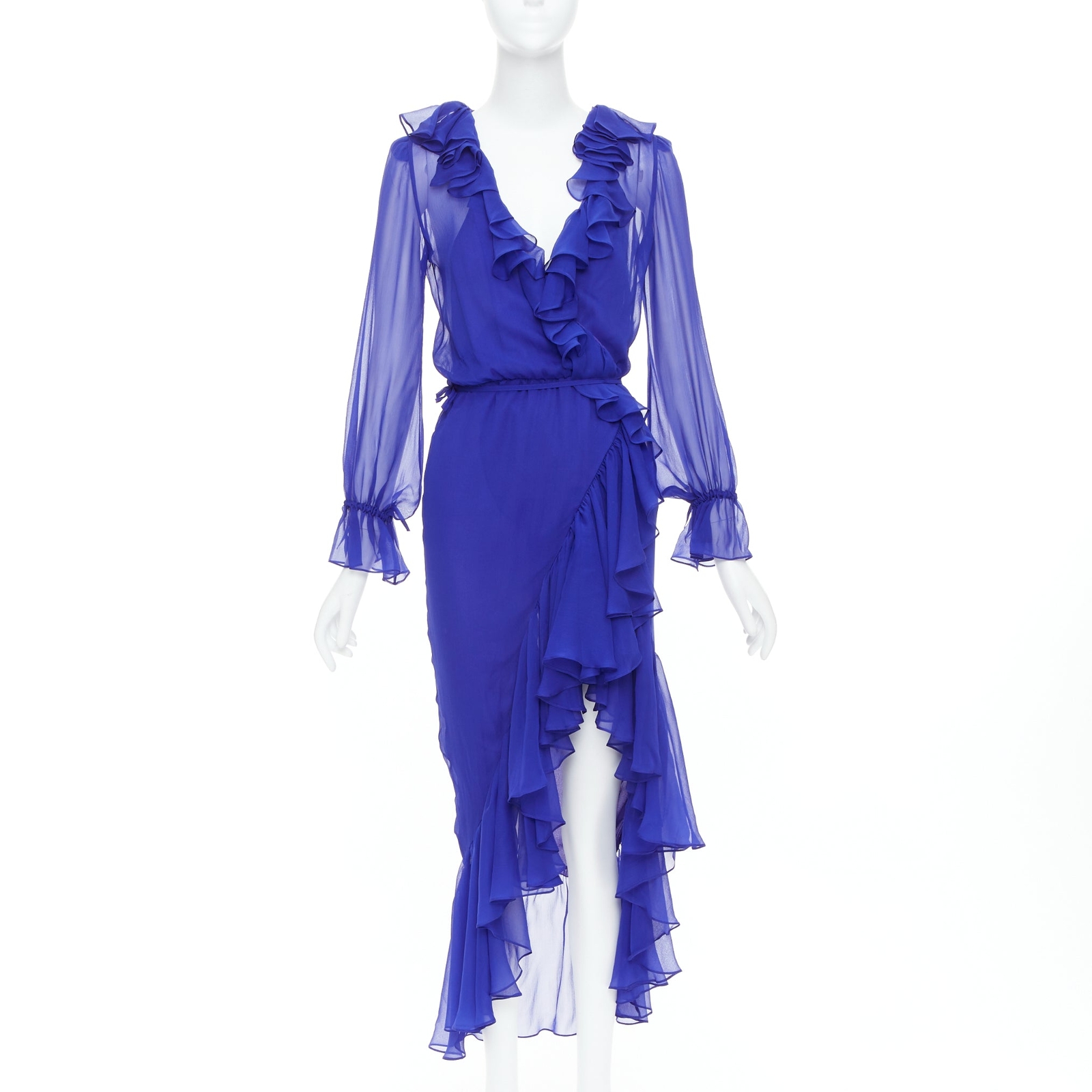 SAINT LAURENT 2020 Runway cobalt blue 100% silk ruffle wrap