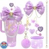 LBU Bling Stanley Cup Accessories for 40/30/20 oz Tumbler with Handle Including Glitter Bow Straw Topper, Heart Straw Cover, Pearl Water Bottle Handle Strap, Boot, Pom-Pom, Keychain Charms(Purple)