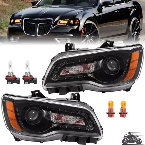 Черные проекторные фары LED DRL для водителя и пассажира Chrysler 300 2011-2023
