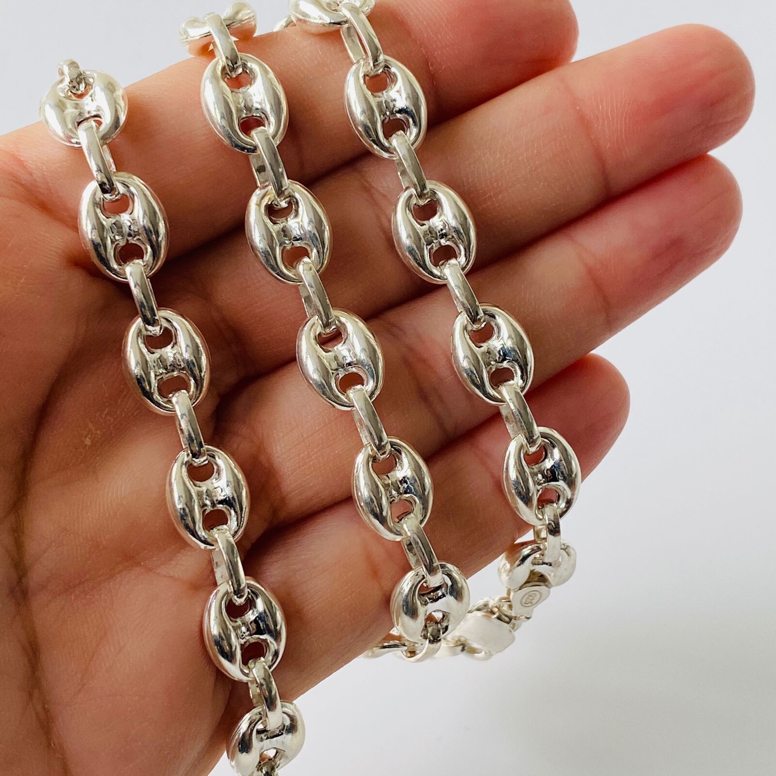 Pre-owned Handmade Mens Puffed Mariner Chain Necklace Hollow 9mm 61gr 925 Silver Sterling 36"