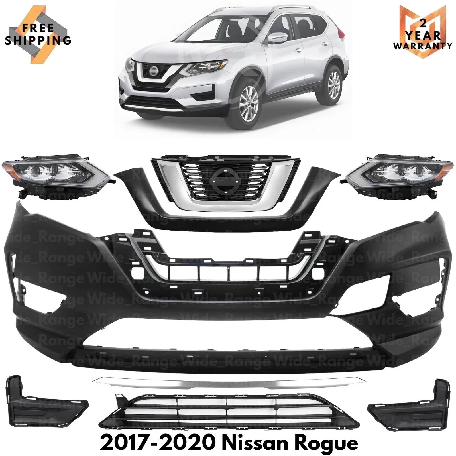 Front Bumper Cover Fascia & Grille Assembly Kit For 2017-2020 Nissan Rogue