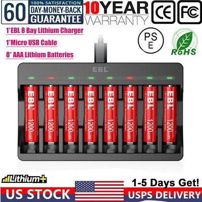 EBL 8X 1200mWh AAA Lithium Rechargeable Batteries & 8-Bay AA AAA Battery Charger