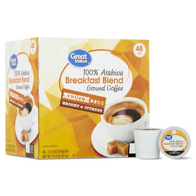 Great Value 100% Arabica Breakfast Blend Medium Roast Ground Coffee Pods 48 Ct