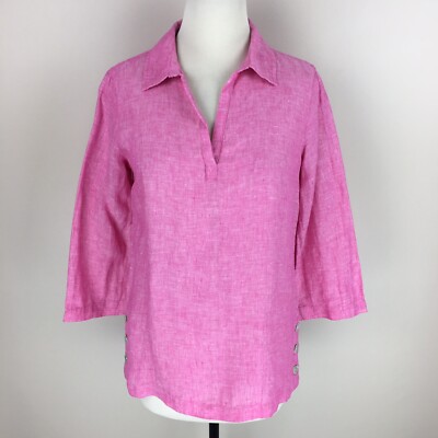 NWT Tahari Pink 100% Linen Shirt Top 3/4 Sleeve V Neck Button Details Size S