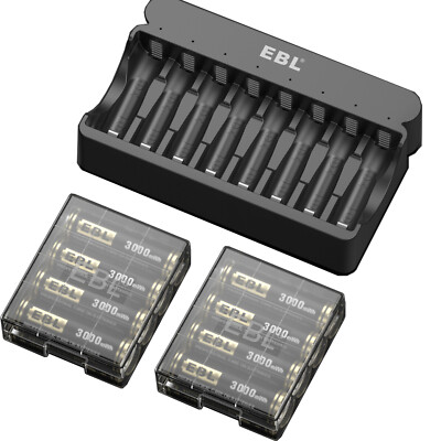EBL 8x 1.6V Rechargeable AA Batteries Ni-Zn 3000mWh with 8 Bay  Charger