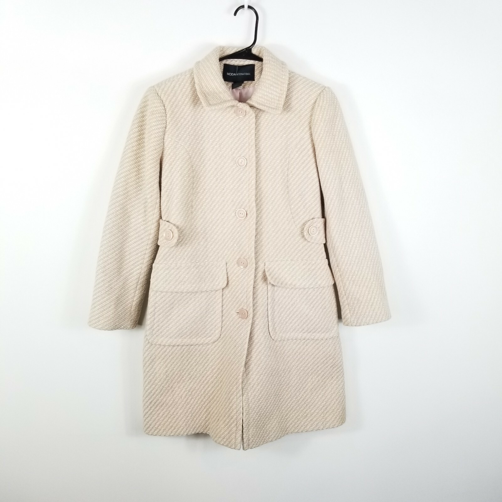 Moda International Womens Ivory Pink Wool Blend Collared Pea