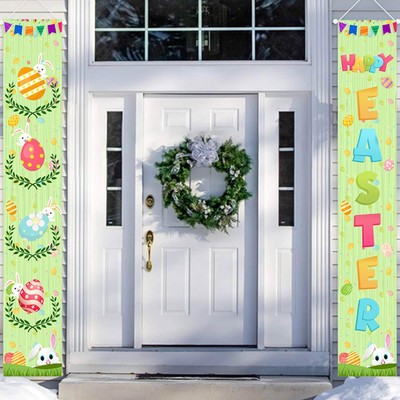 Easter Party Supplies-Happy Easter Porch Sign Banner,2Pcs Hello Peeps Front Door