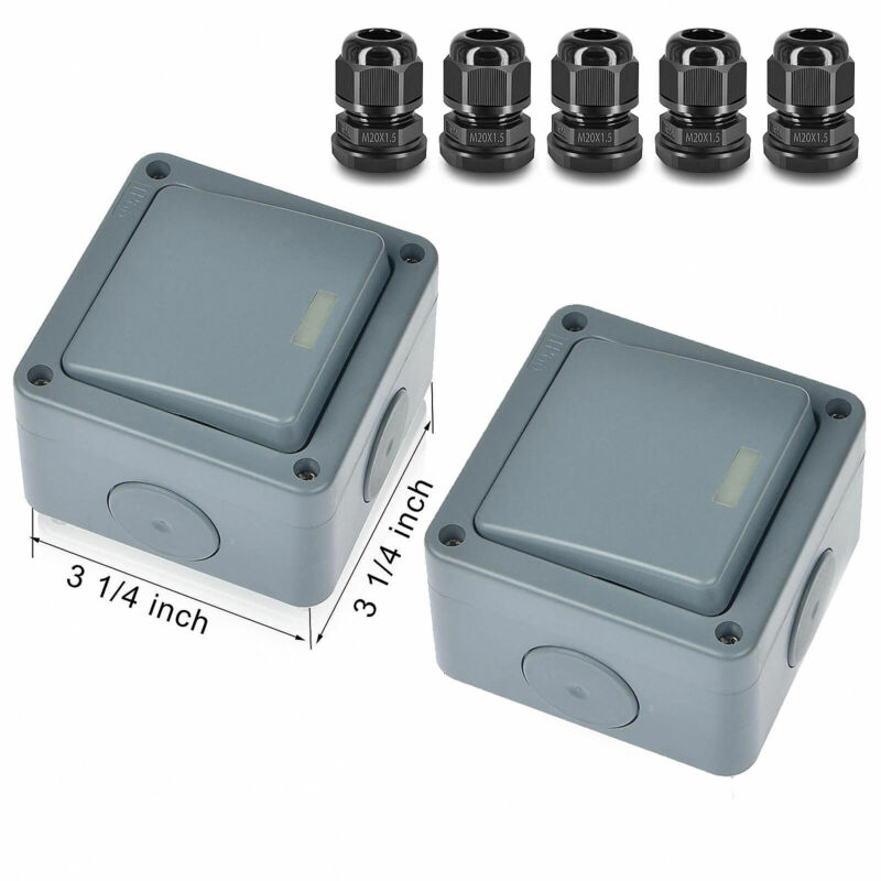2 Pack Waterproof Single Light Switch 10a 1 Gang Outdoor Garden W/5 Cable Glands