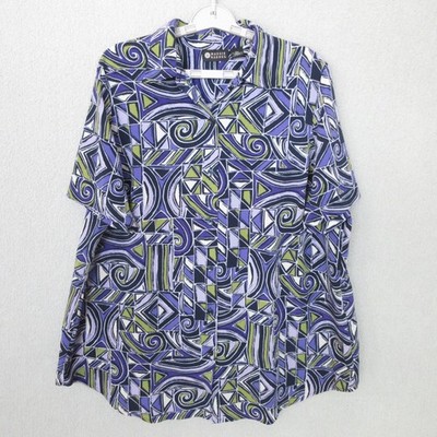 Maggie Barnes Women's 16W Purple Green Geometric Short Sleeve Button Down Shirt