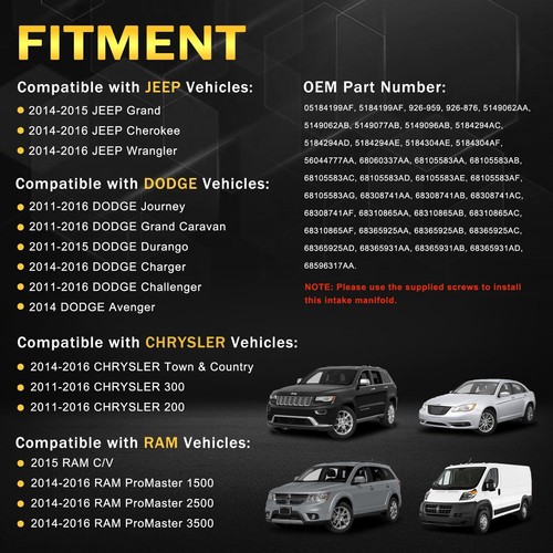 Full Aluminum Intake Manifold with Oil Filter Housing For 11-16 Jeep Dodge Ram