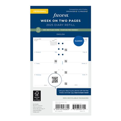 Filofax Calendar Diary Refill Personal/Compact Size Week-to-View White Paper ...