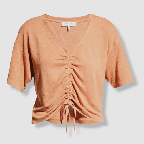 LINOmama ページ $168 Frame Women's Orange Linen Frame Cinched Front V-Neck T