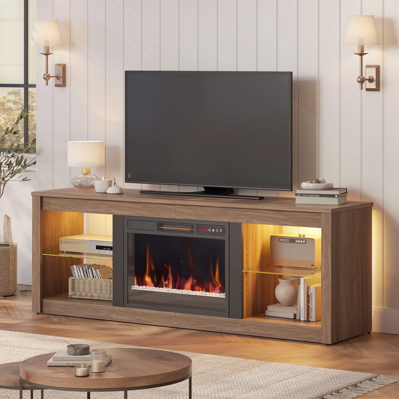 Chimenea LED el&eacute;ctrica moderna de 7 colores, soporte para TV de 70", nogal NUEVO