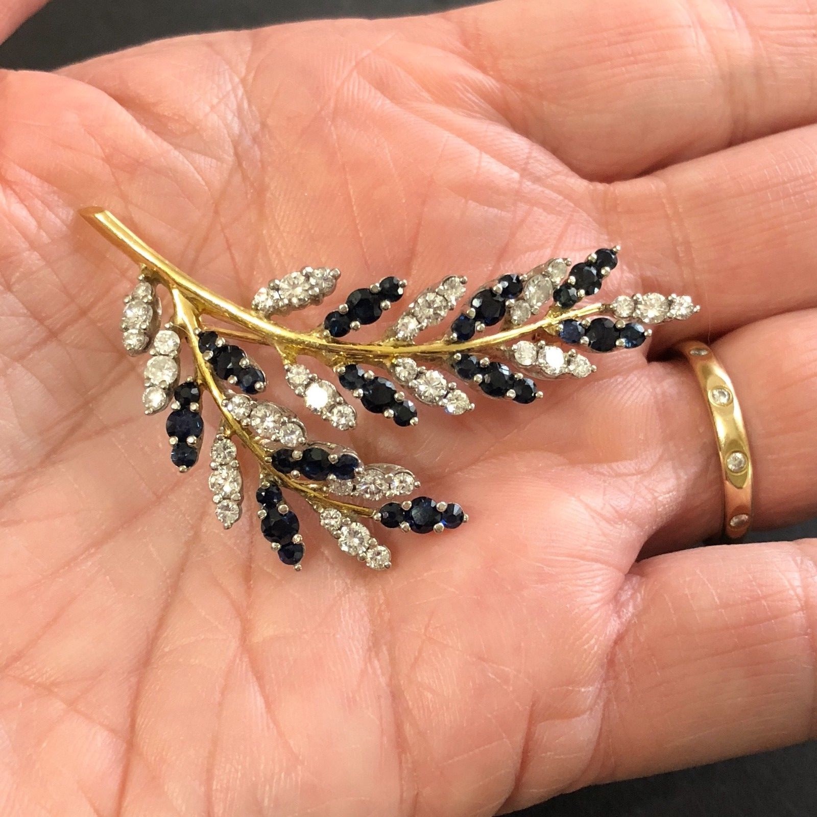 Magnificent 18K Gold Diamond and Sapphire Brooch Leaf Branch