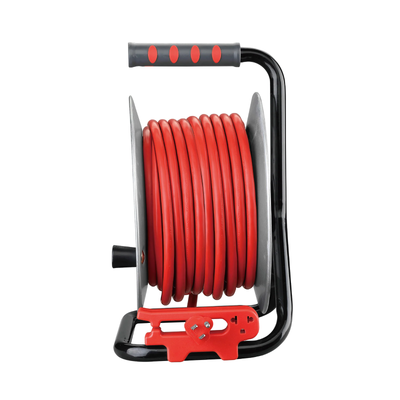 Metal Cord Reel with High Visibility - 50 Ft. 12 AWG SJTW Extension Cord and 4 P